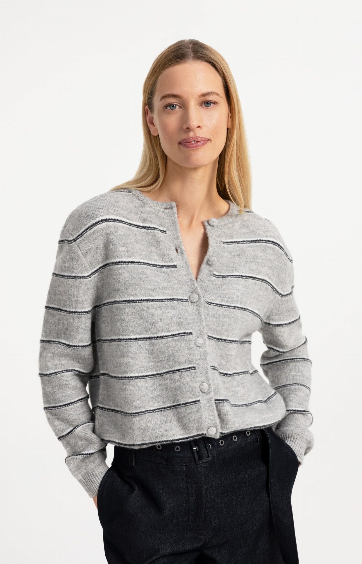 Cardigan rayé en maille avec lien à nouer - YAYA - Medium Grey Melange (5)