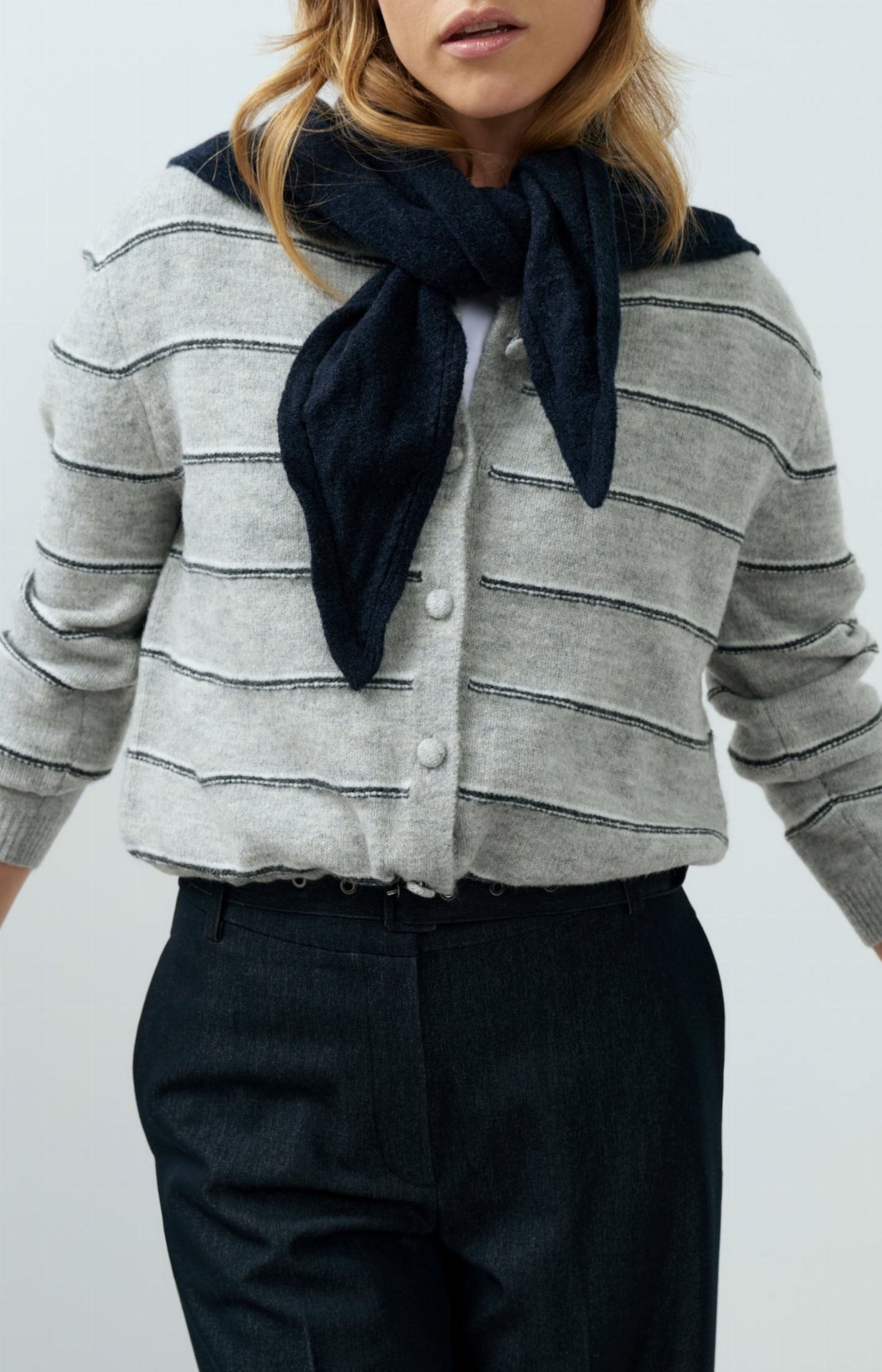 Cardigan rayé en maille avec lien à nouer - YAYA - Medium Grey Melange (7)