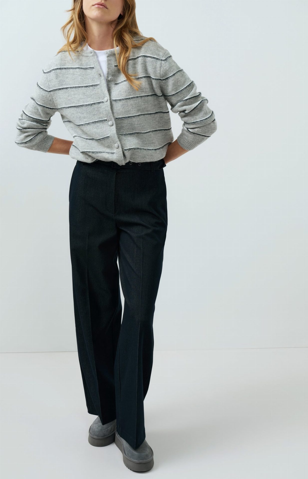 Cardigan rayé en maille avec lien à nouer - YAYA - Medium Grey Melange (8)