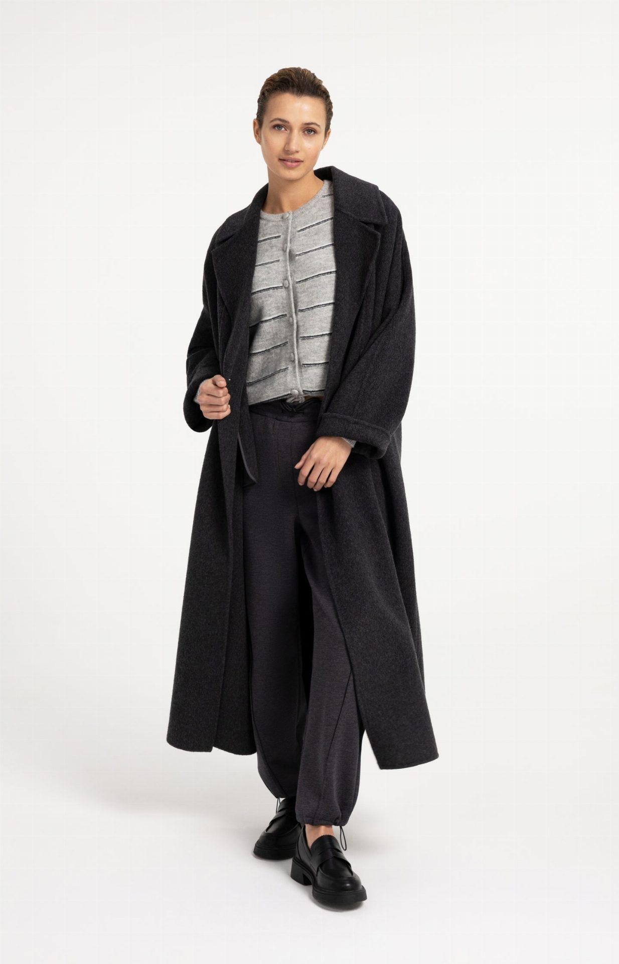 Cardigan rayé en maille avec lien à nouer - YAYA - Medium Grey Melange (10)