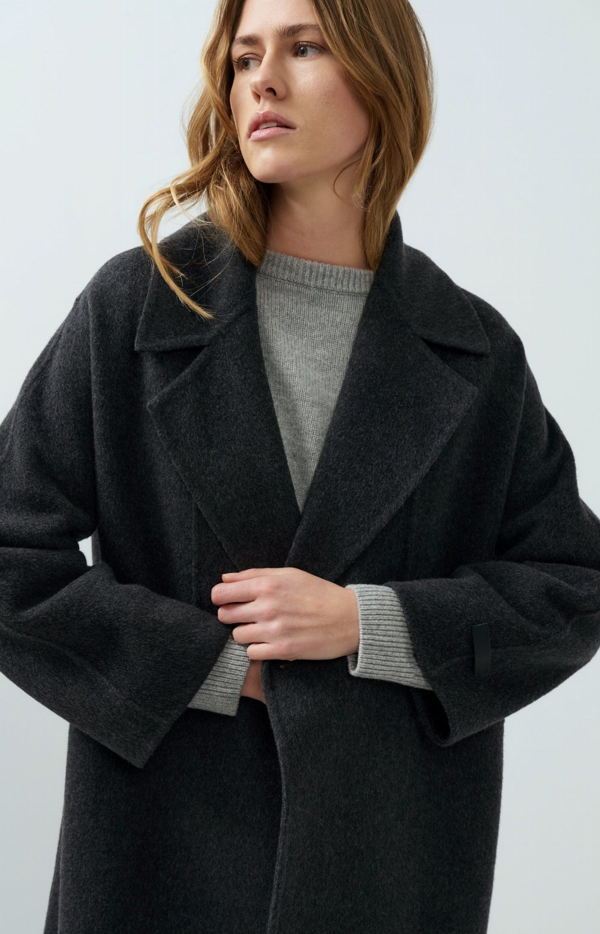 Manteau extra-long en laine mélangée et à la coupe oversize - YAYA - Hole Black Melange (4)