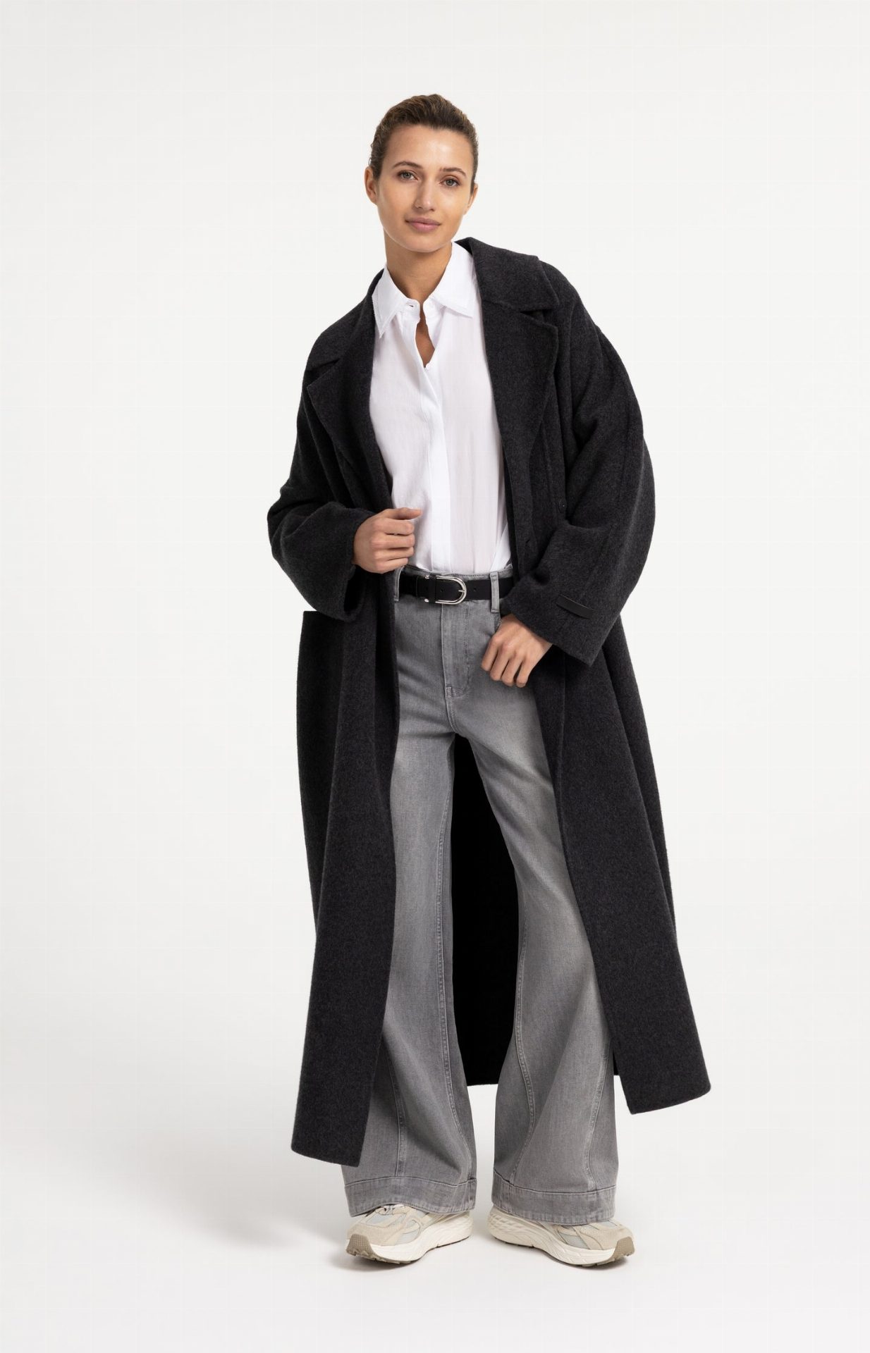 Manteau extra-long en laine mélangée et à la coupe oversize - YAYA - Hole Black Melange (5)