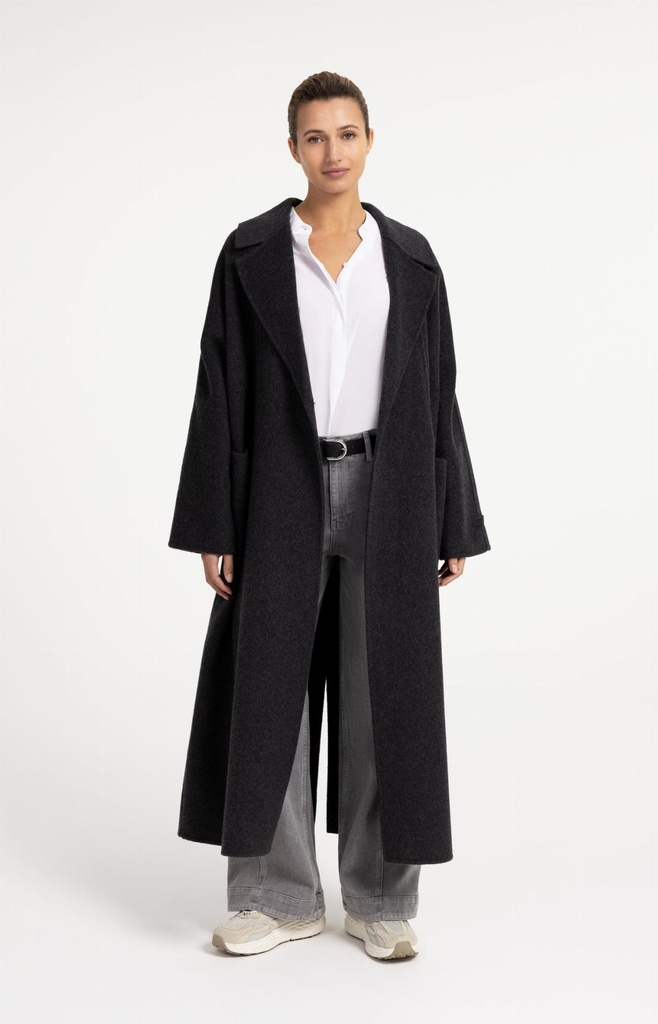 Manteau extra-long en laine mélangée et à la coupe oversize - YAYA - Hole Black Melange (6)