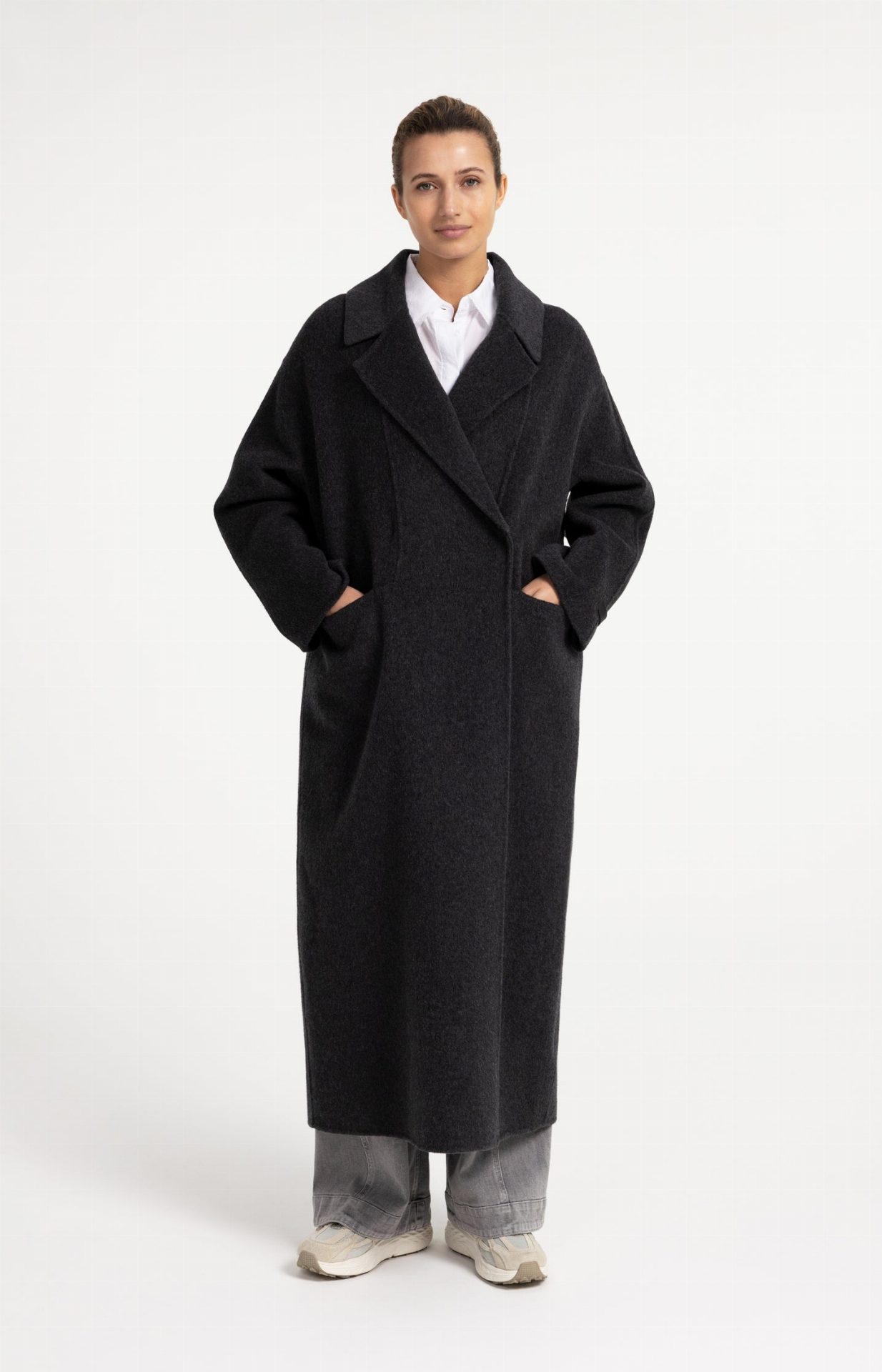 Manteau extra-long en laine mélangée et à la coupe oversize - YAYA - Hole Black Melange (7)