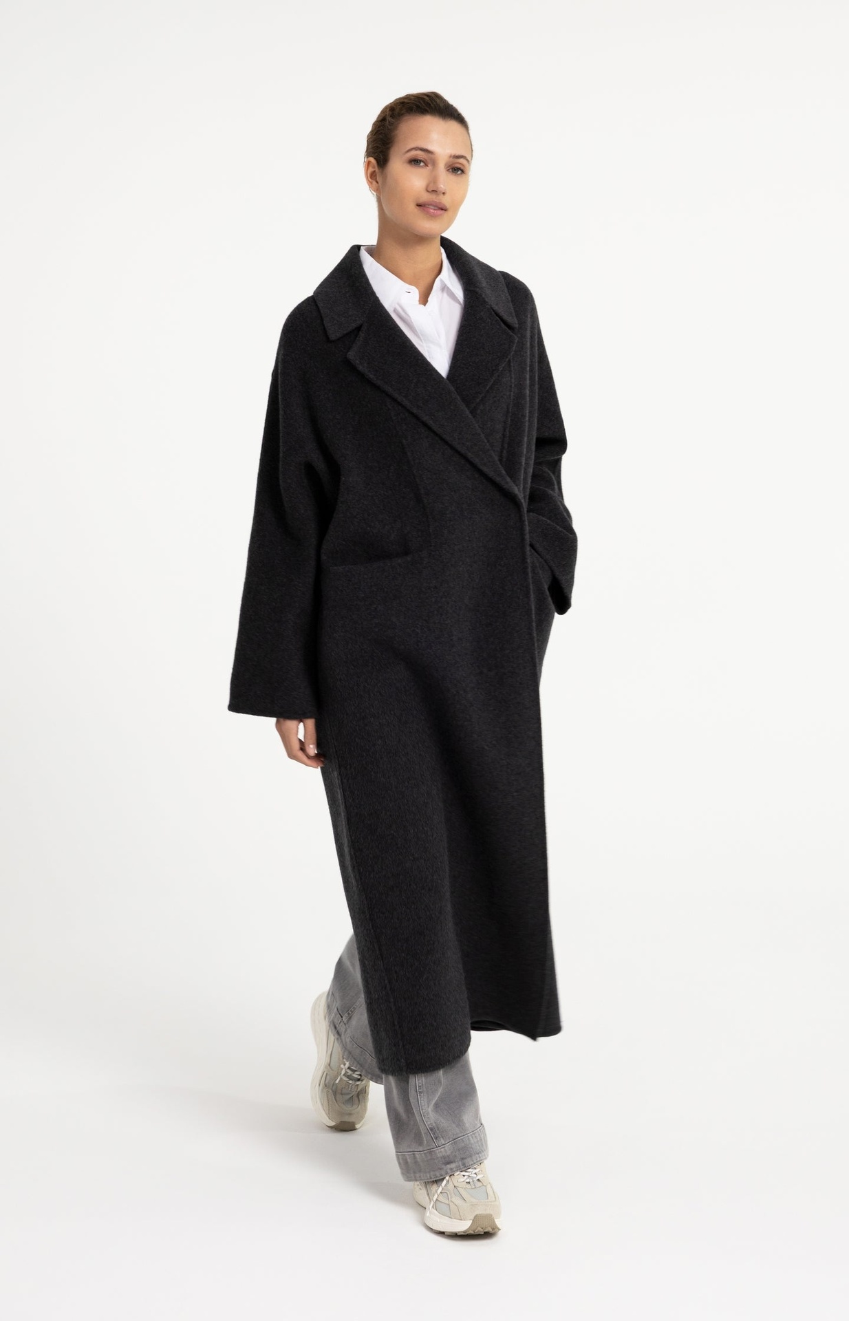 Manteau extra-long en laine mélangée et à la coupe oversize - YAYA - Hole Black Melange (8)