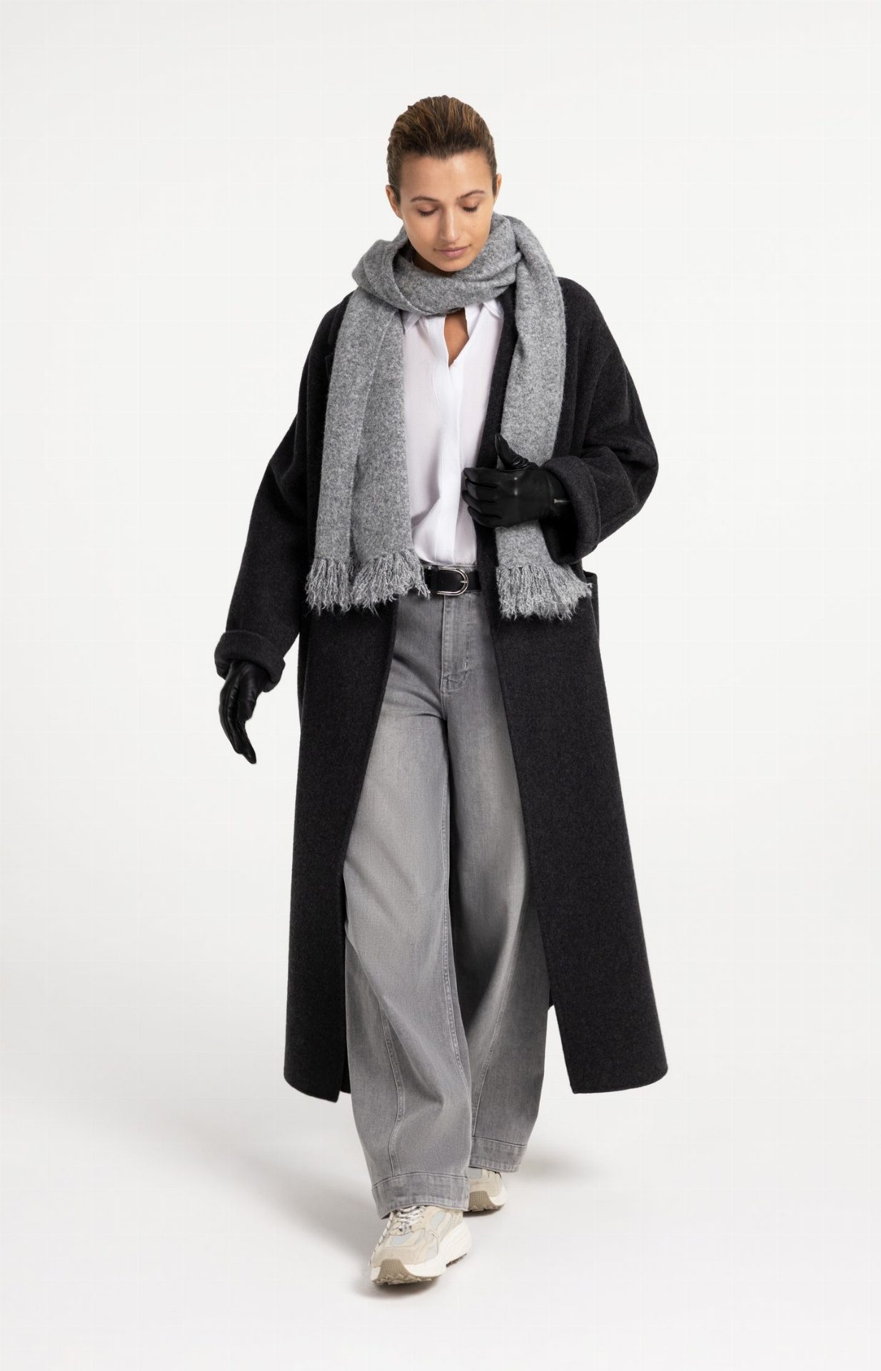 Manteau extra-long en laine mélangée et à la coupe oversize - YAYA - Hole Black Melange (11)