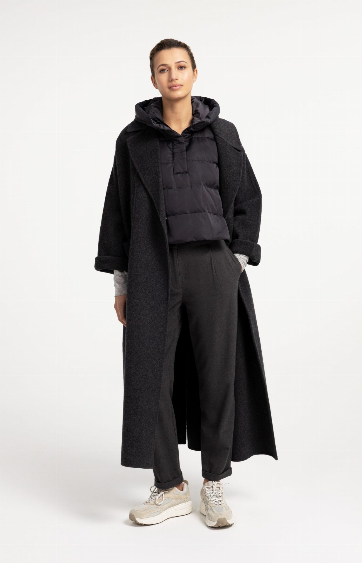 Manteau extra-long en laine mélangée et à la coupe oversize - YAYA - Hole Black Melange (12)