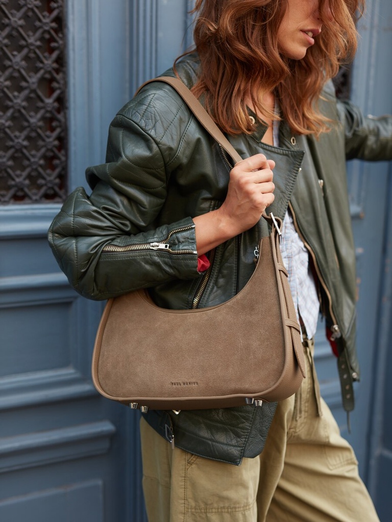 Sac baguette en cuir de vachette suédé Kaki - Victoire (2)
