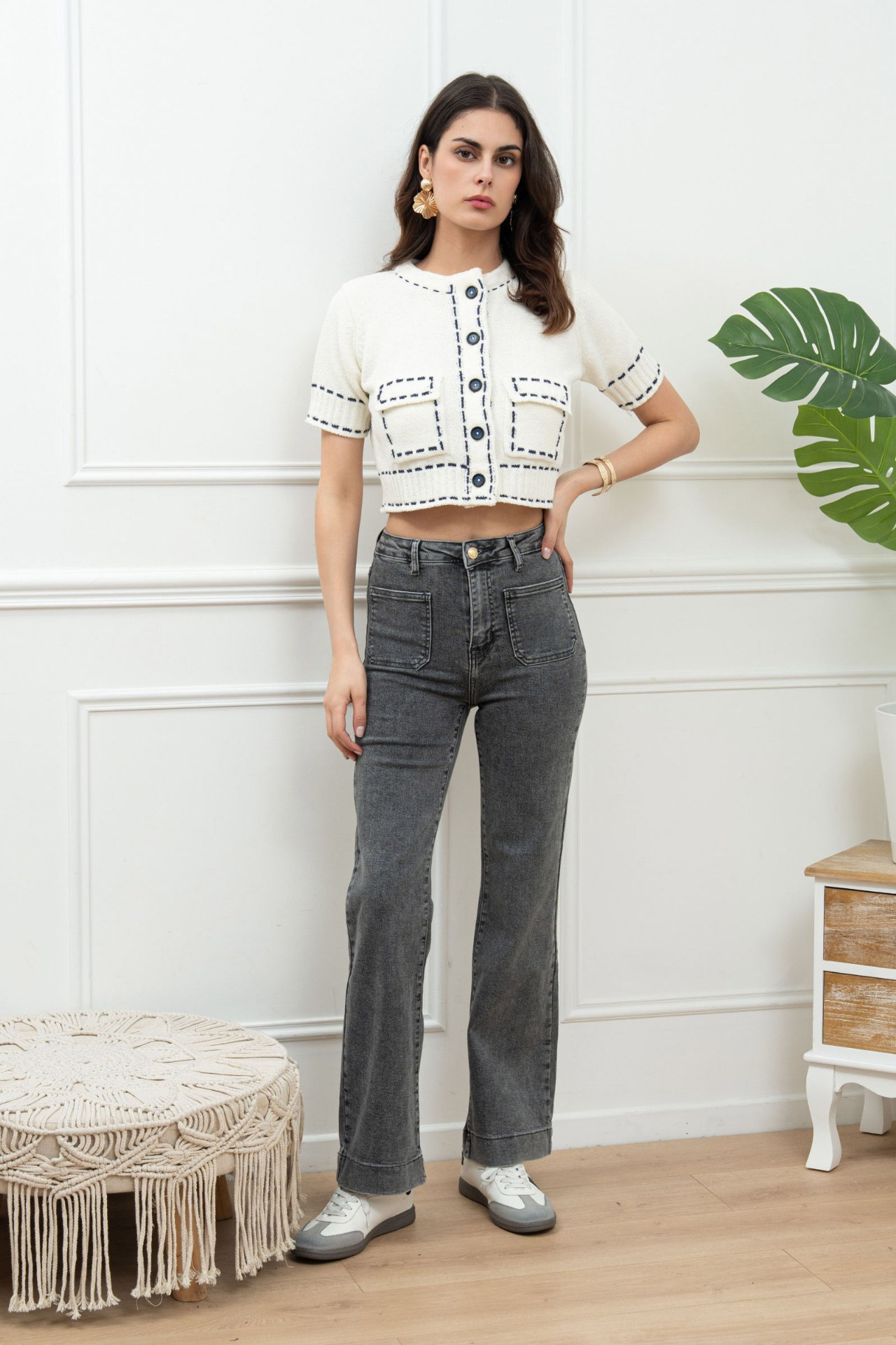 Jeans droit avec poches appliquées - Gris (6)