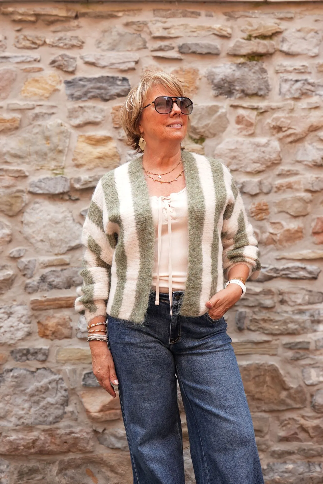 Gilet mohair rayé - Olive & écru — vue 2