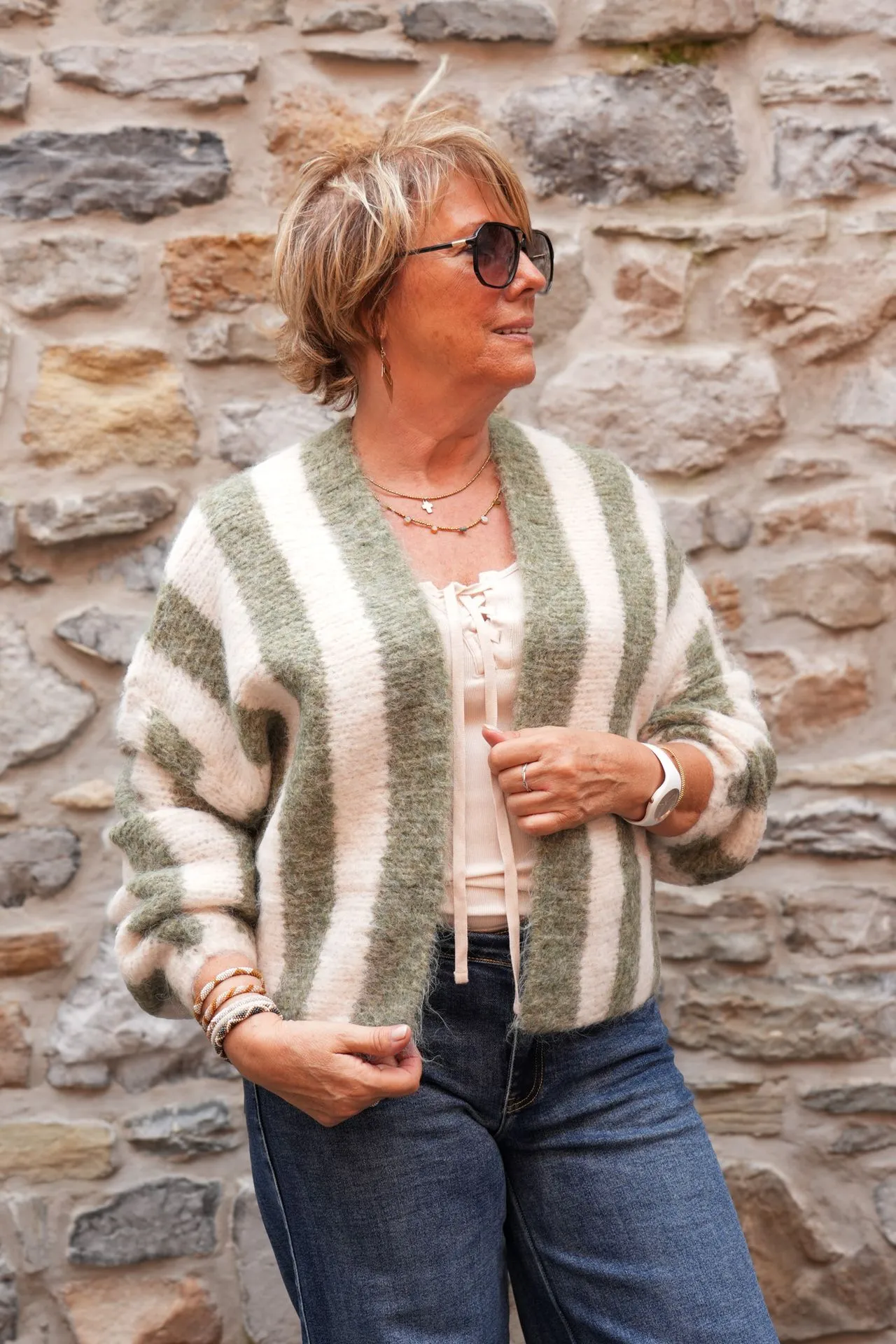 Gilet mohair rayé - Olive & écru — vue 5