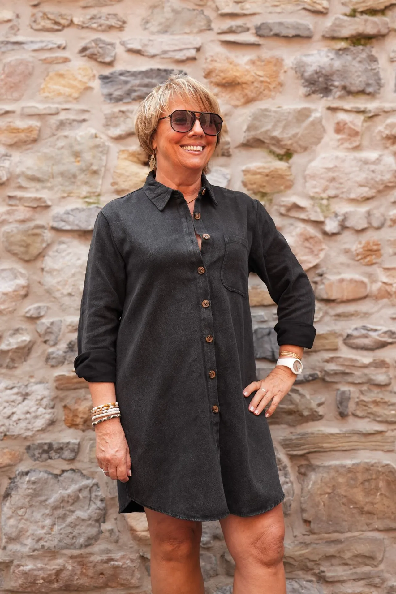 Robe chemise en coton délavé - Noir — vue 3