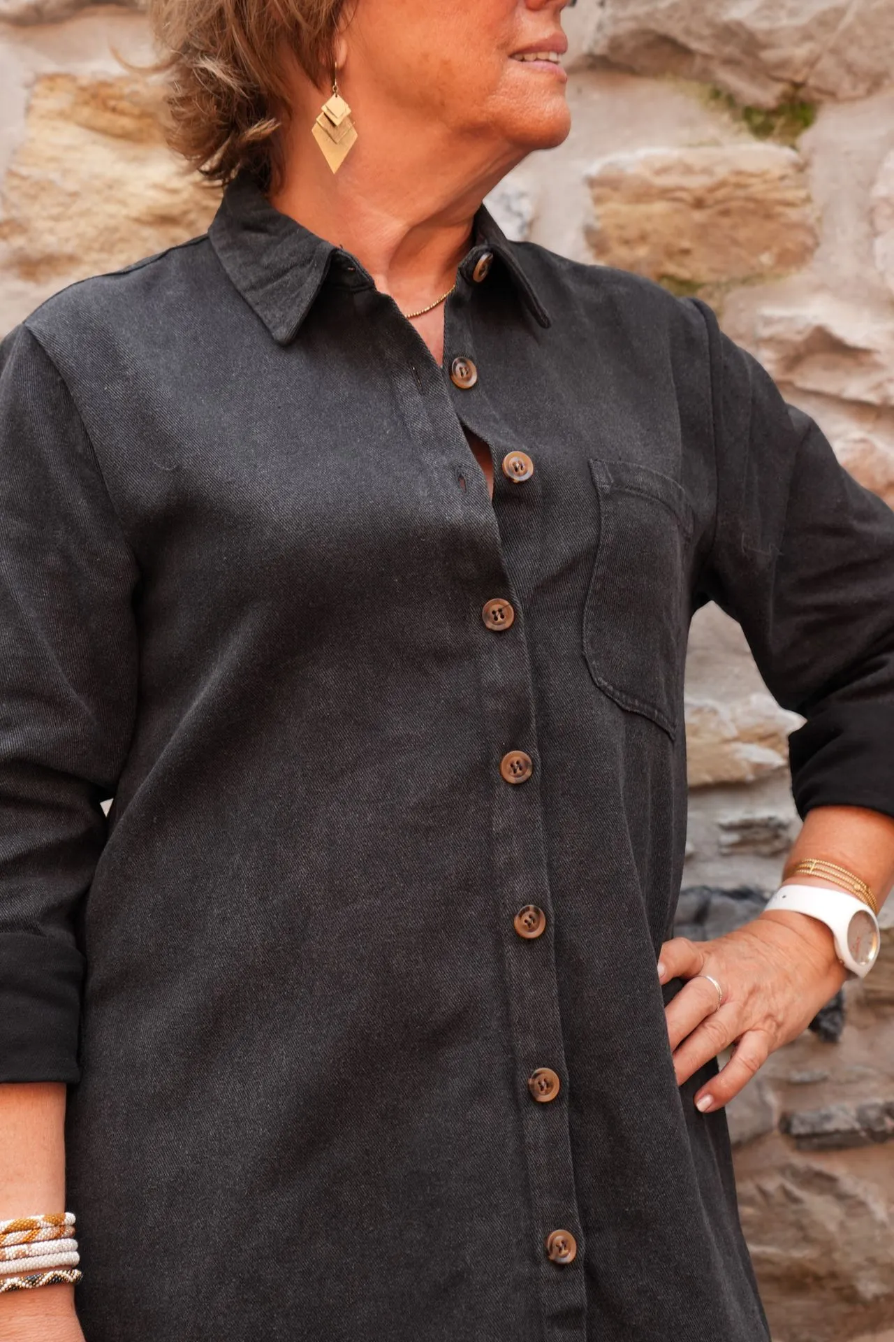 Robe chemise en coton délavé - Noir — vue 5