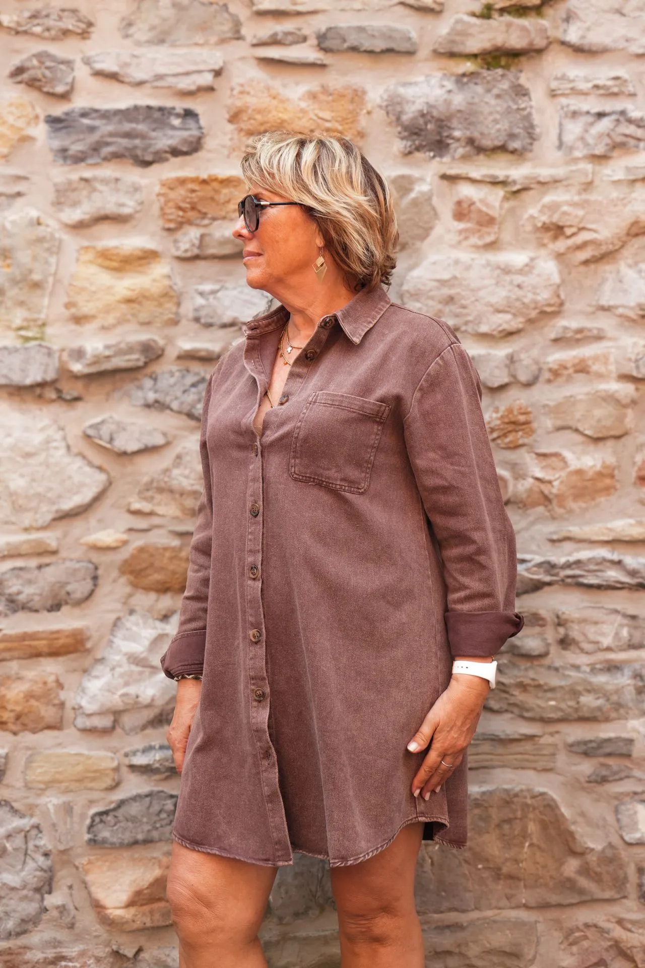 Robe chemise en coton délavé - Chocolat — vue 3