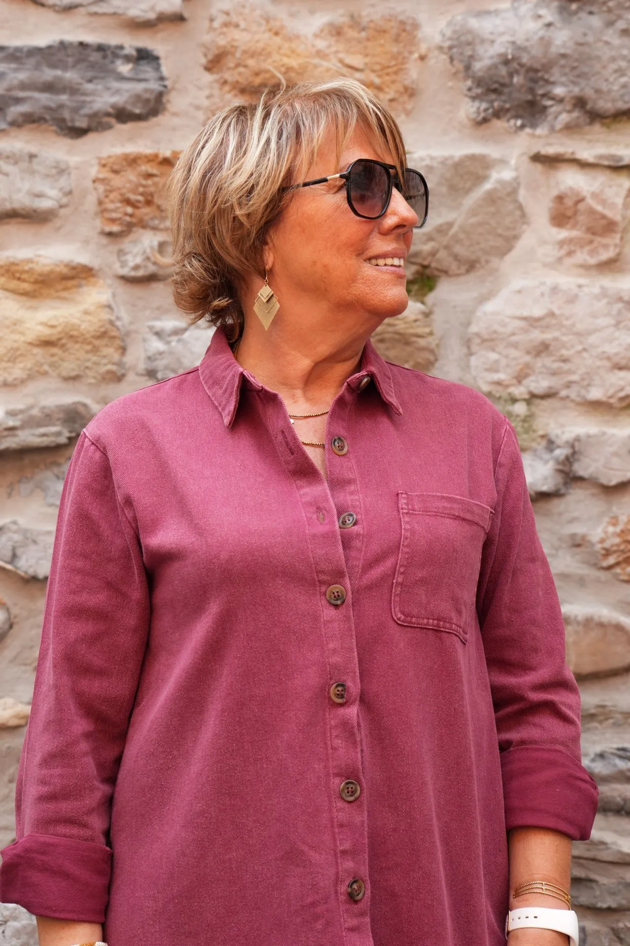Robe chemise en coton délavé - Bordeaux — vue 4