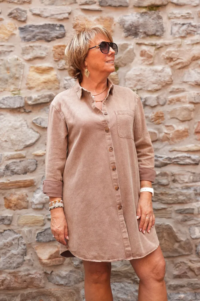 Robe chemise en coton délavé - Taupe — vue 5