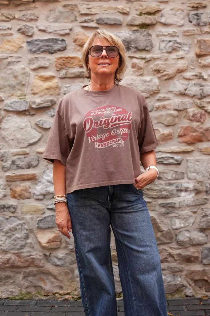 T-shirt court sérigraphié effet délavé - Brun — vue 4