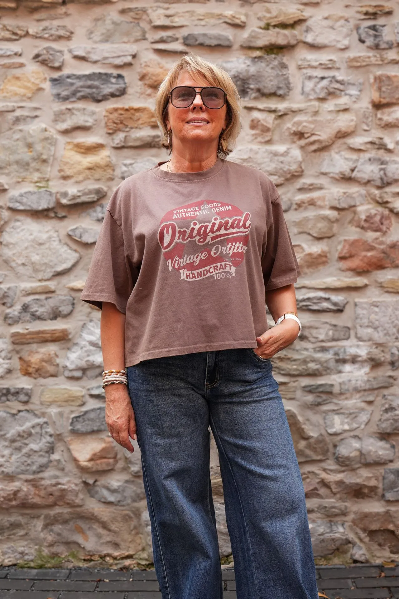 T-shirt court sérigraphié effet délavé - Brun — vue 4