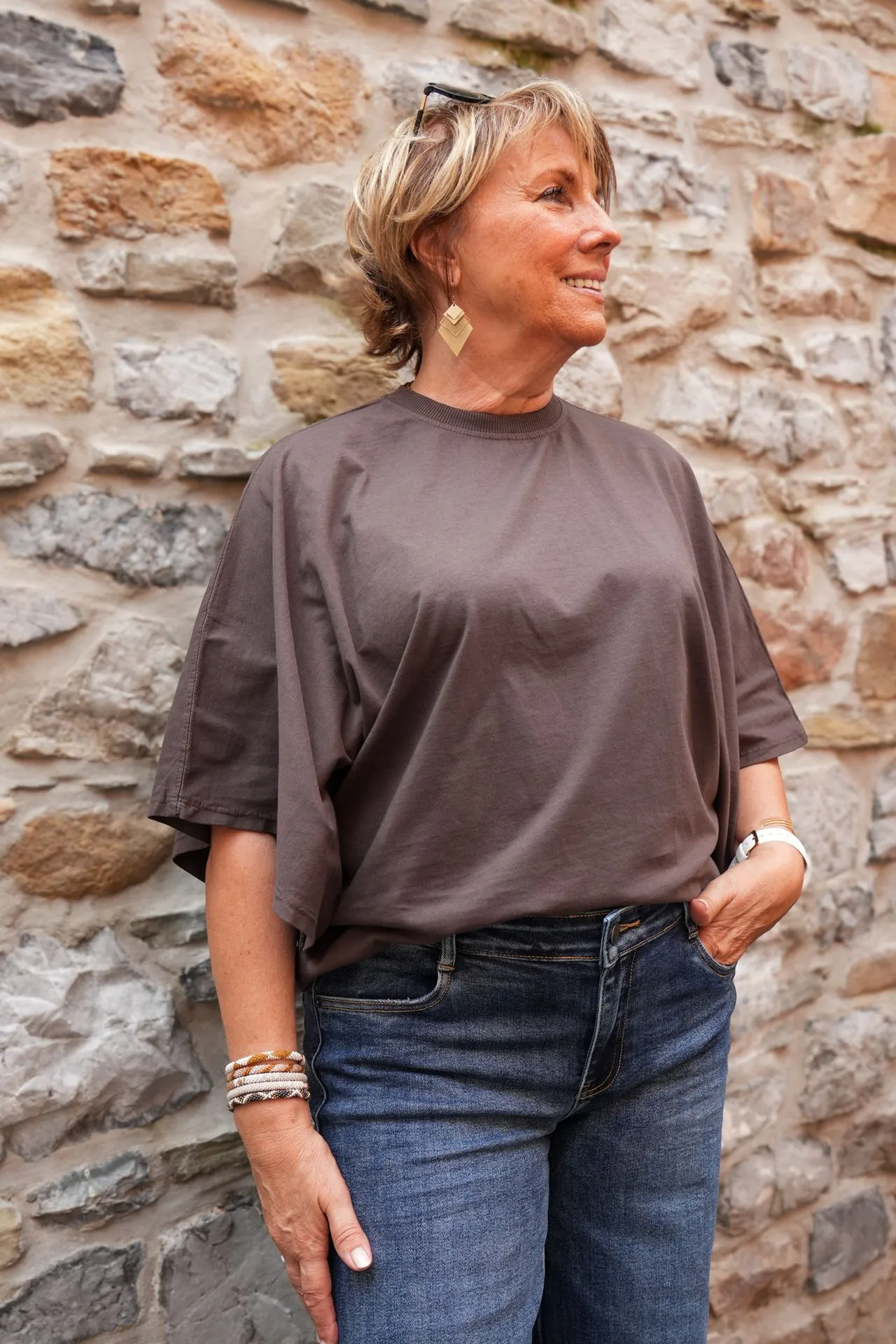 T-shirt court manches drapées - Chocolat — vue 2