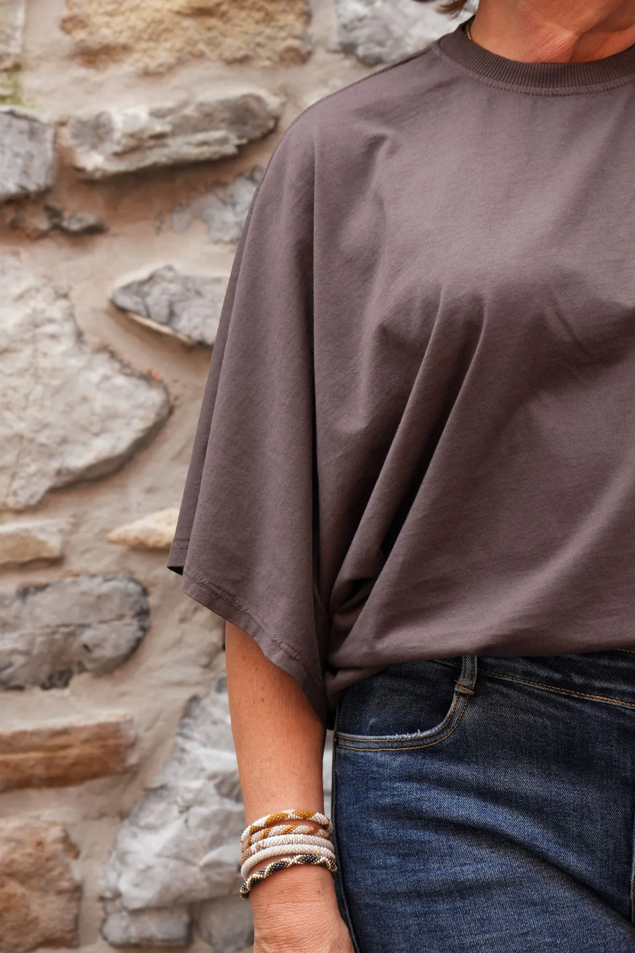 T-shirt court manches drapées - Chocolat — vue 4