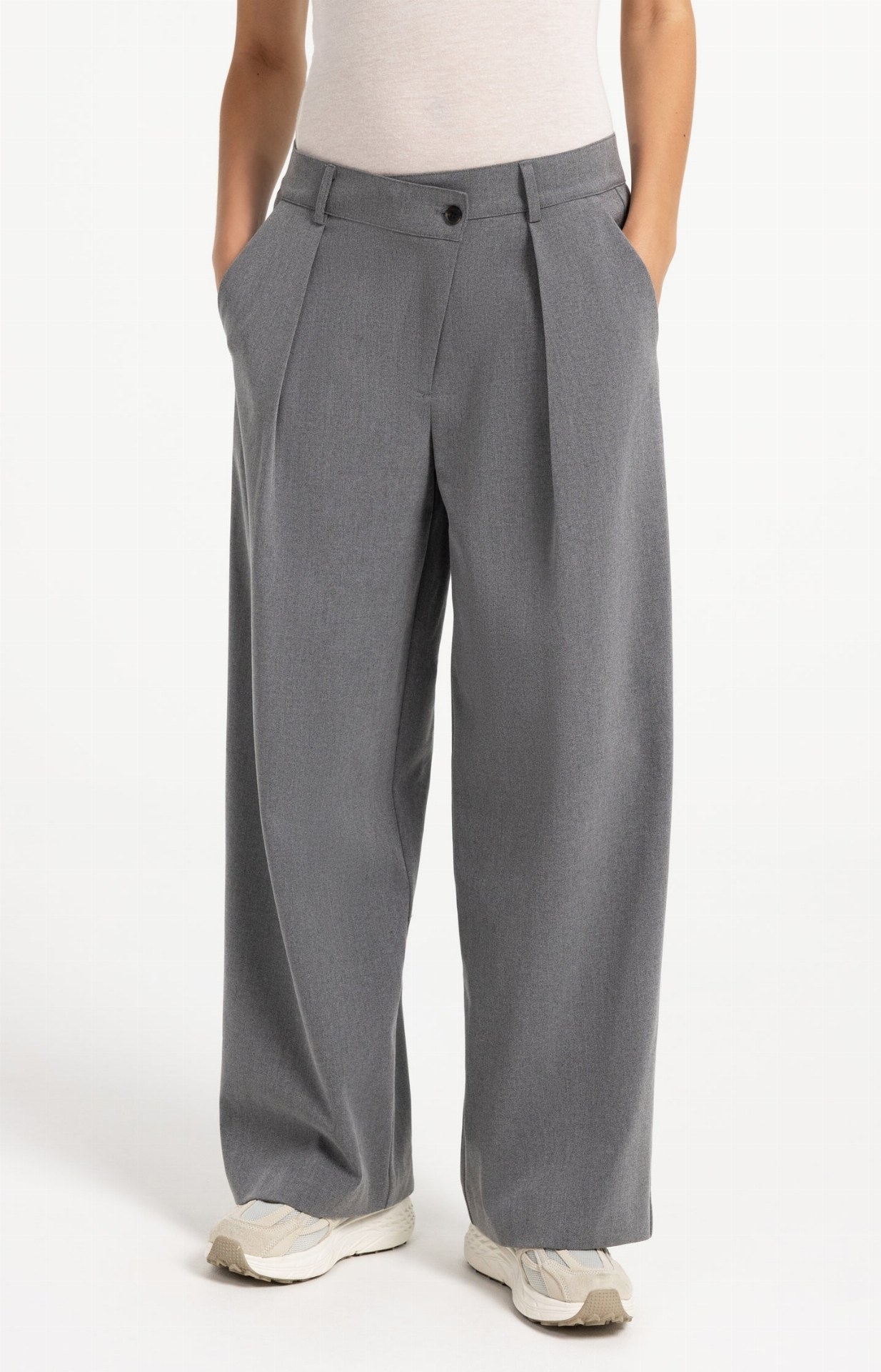 Pantalon en tissu à jambes larges et fermeture asymétrique - YAYA - Anthracite Melange (3)