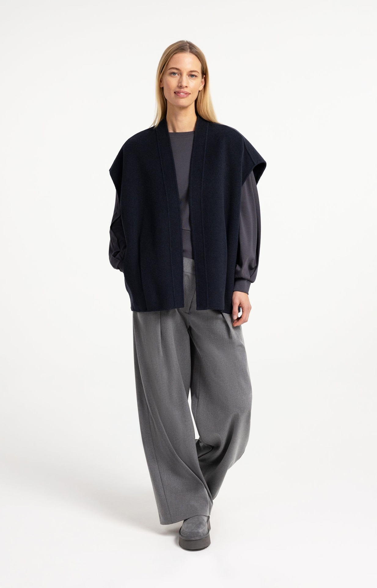 Pantalon en tissu à jambes larges et fermeture asymétrique - YAYA - Anthracite Melange (8)