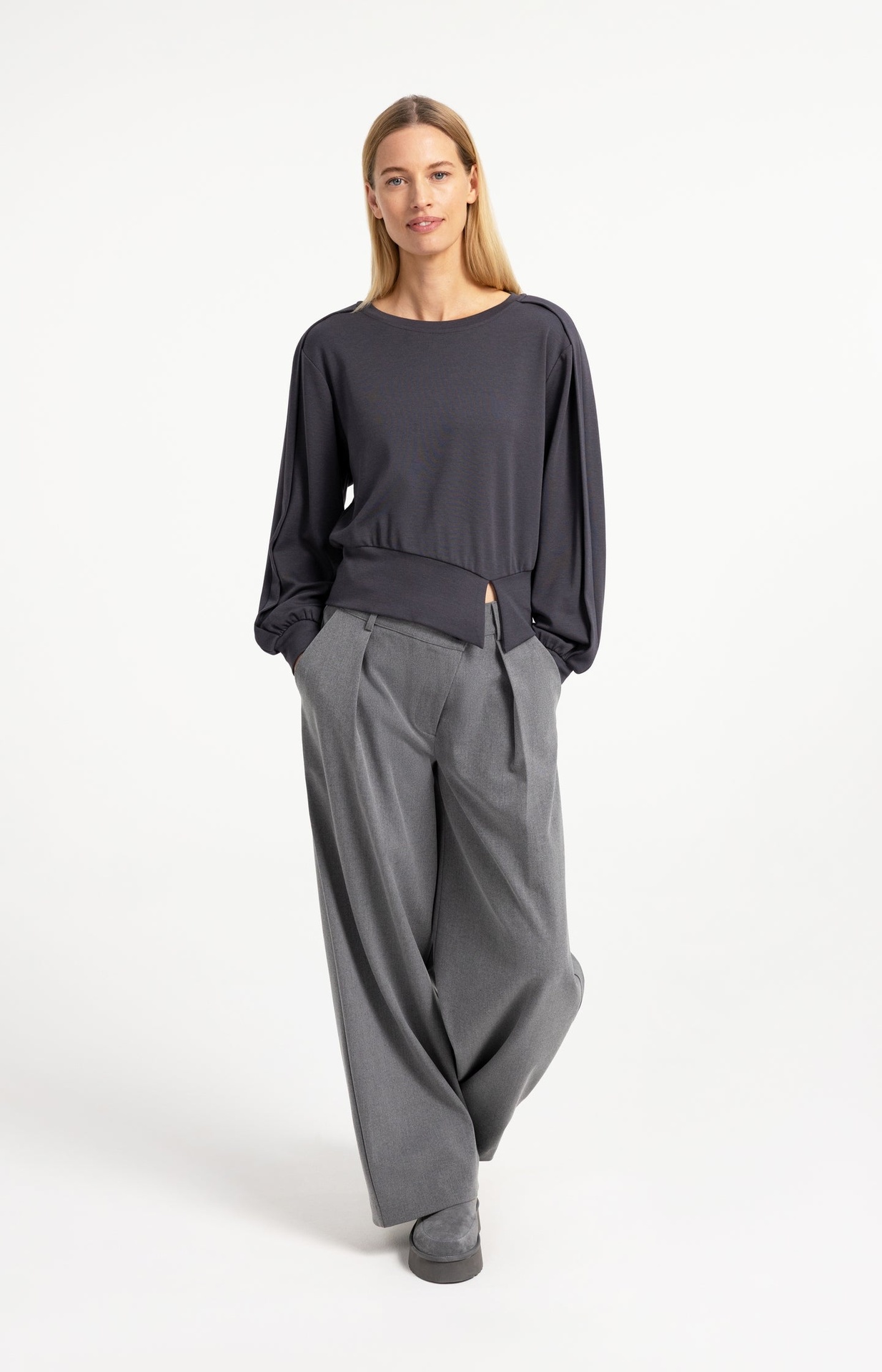 Pantalon en tissu à jambes larges et fermeture asymétrique - YAYA - Anthracite Melange (9)