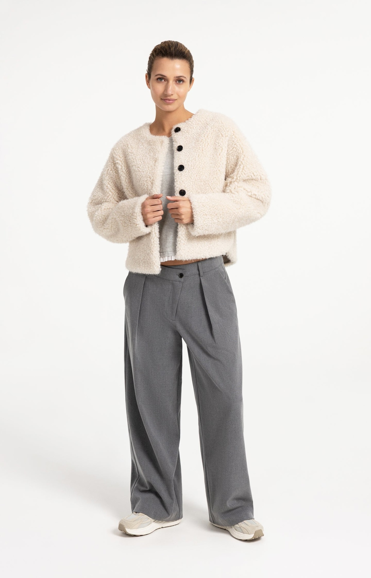 Pantalon en tissu à jambes larges et fermeture asymétrique - YAYA - Anthracite Melange (10)