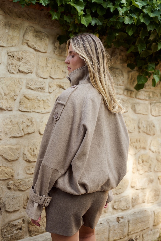 Manteau court col entonnoir double boutonnage - Taupe (7)
