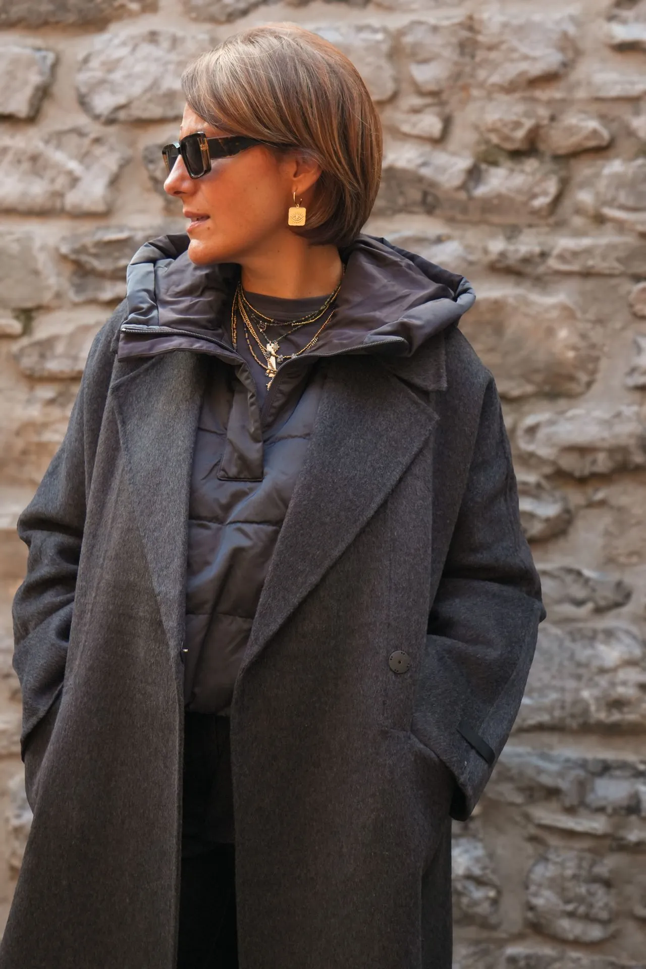 Manteau extra-long en laine mélangée et à la coupe oversize - YAYA - Hole Black Melange (vue 5)