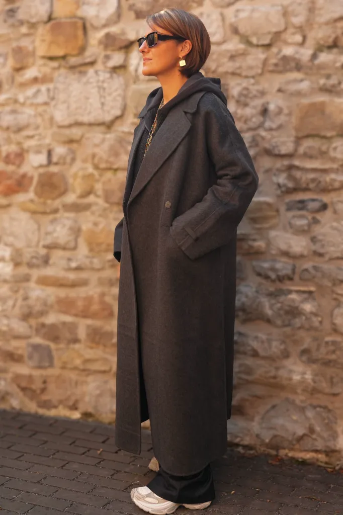 Manteau extra-long en laine mélangée et à la coupe oversize - YAYA - Hole Black Melange — vue 2