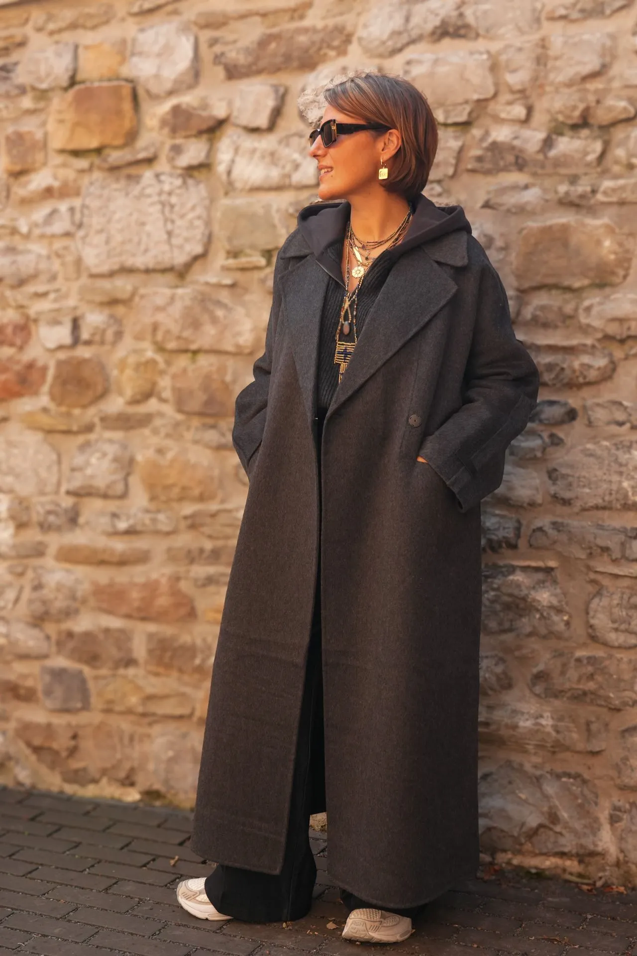 Manteau extra-long en laine mélangée et à la coupe oversize - YAYA - Hole Black Melange (vue 7)