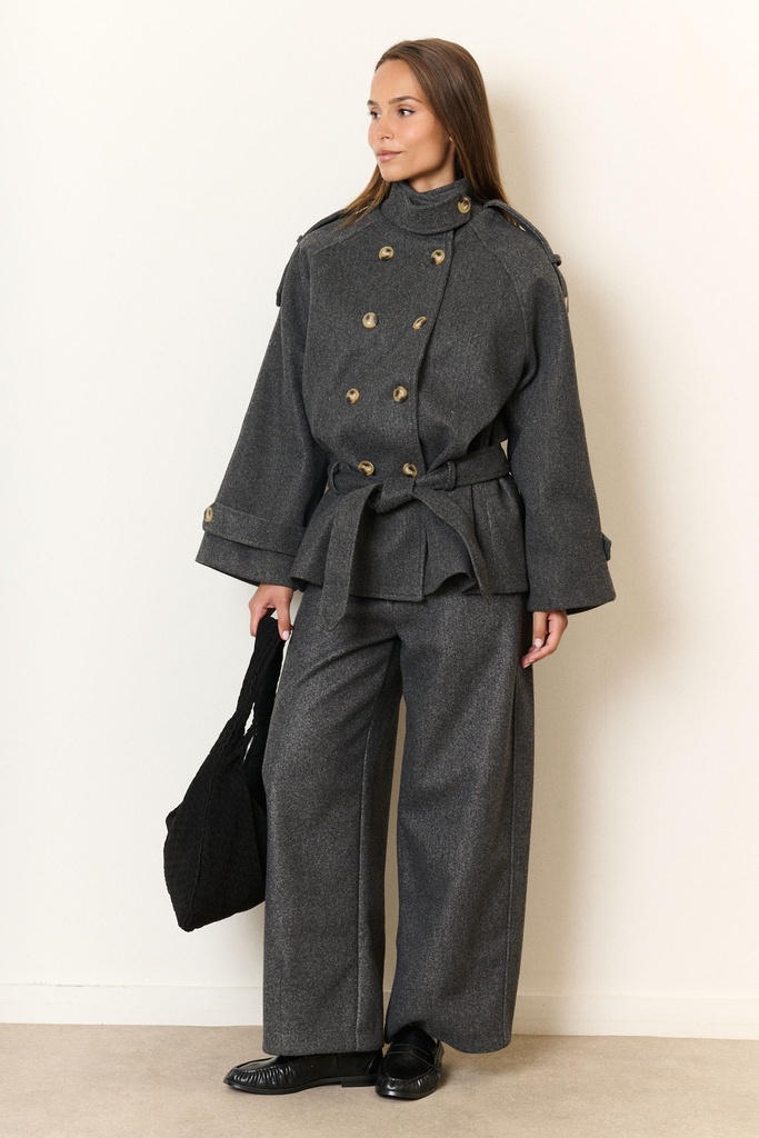 Manteau à nouer double boutonnage - Gris (4)