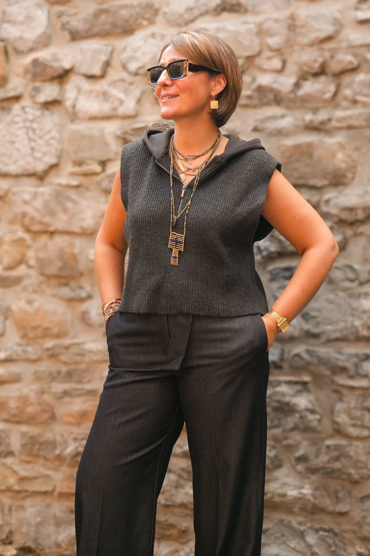 Pantalon en tissu avec ceinture et fini satiné - YAYA - Cat Black (vue 4)