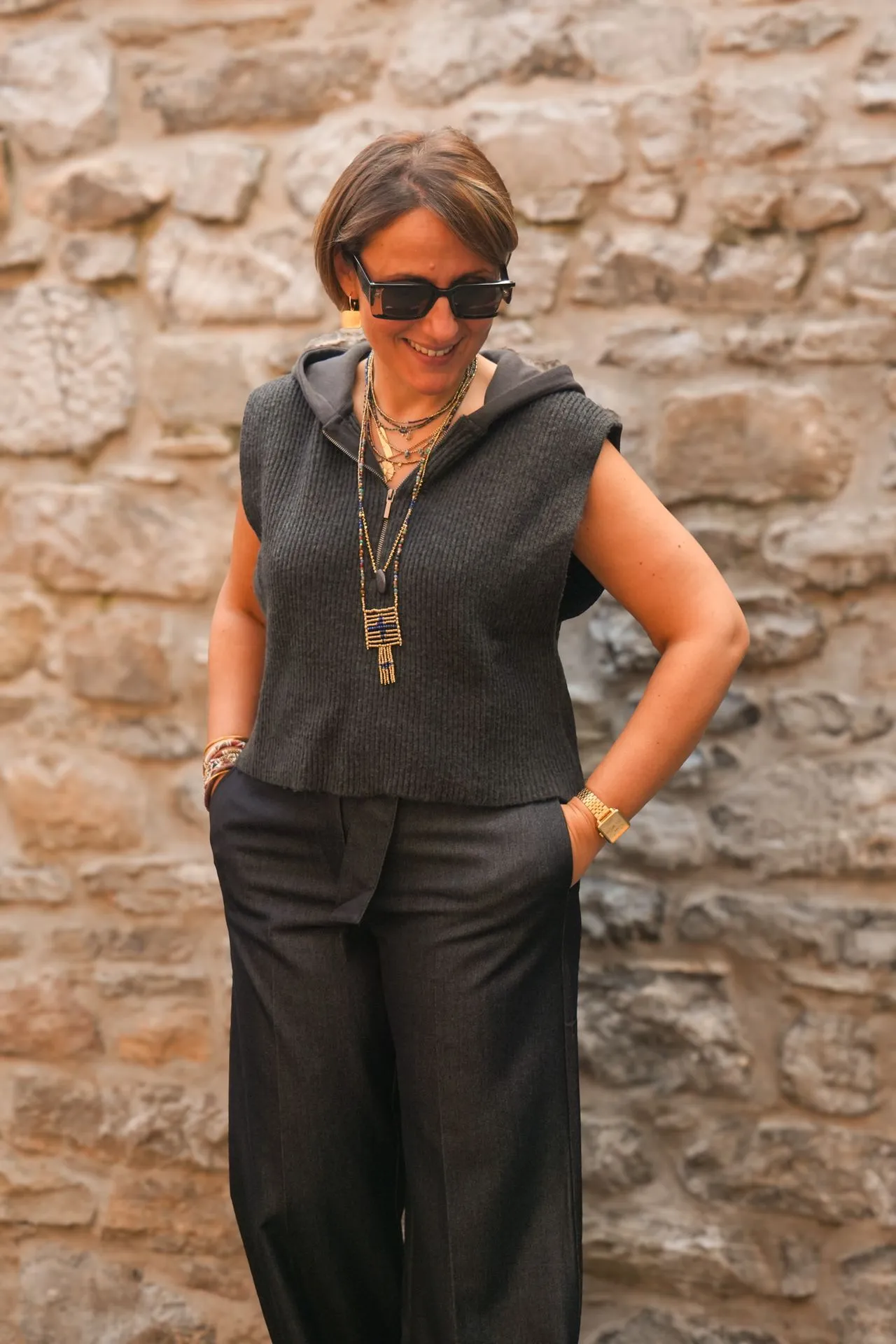 Pantalon en tissu avec ceinture et fini satiné - YAYA - Cat Black (vue 6)