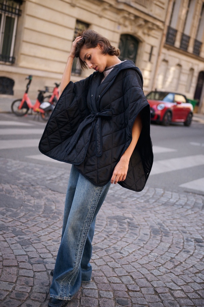 Manteau cape matelassé oversize - Noir (7)