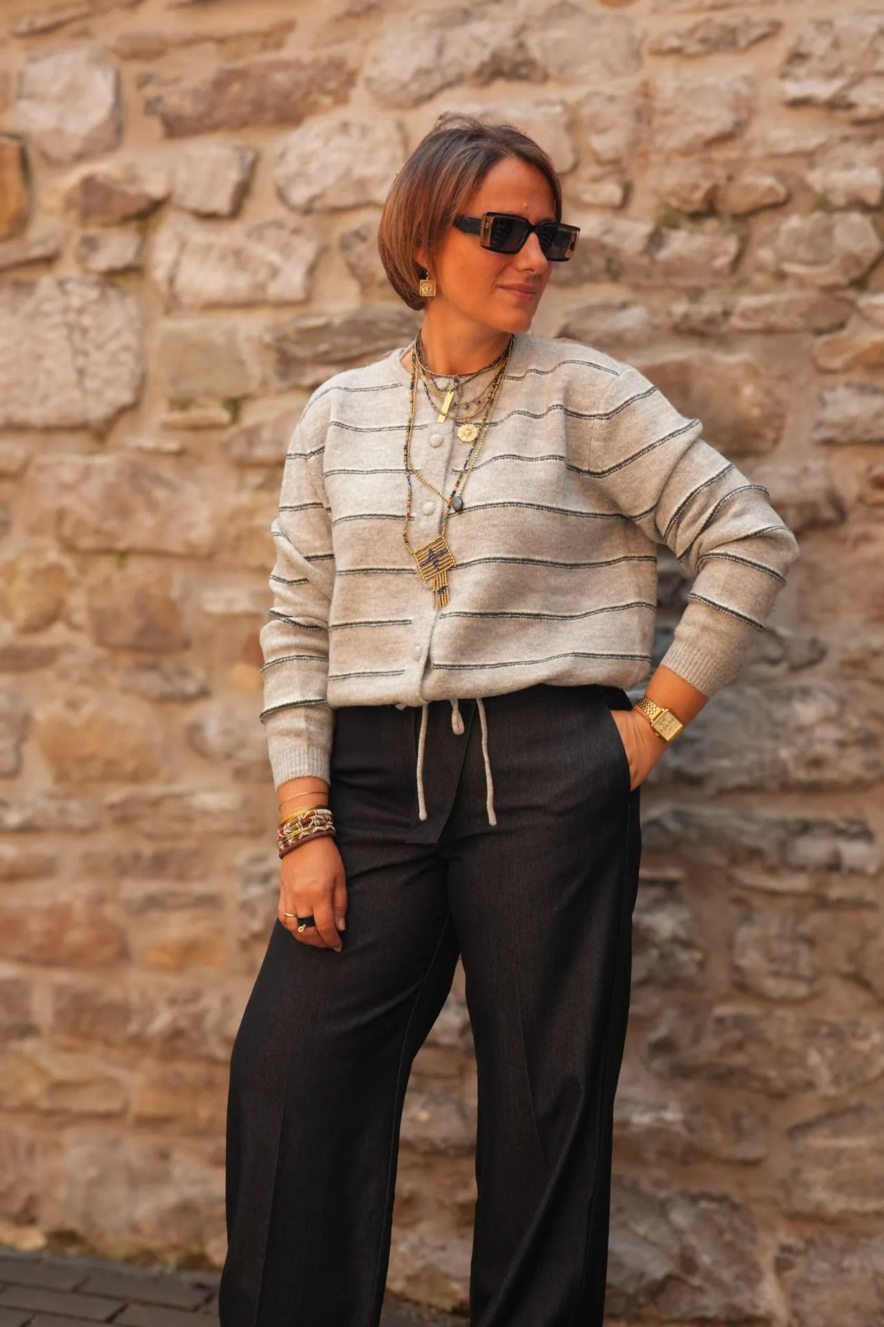 Cardigan rayé en maille avec lien à nouer - YAYA - Medium Grey Melange (vue 3)