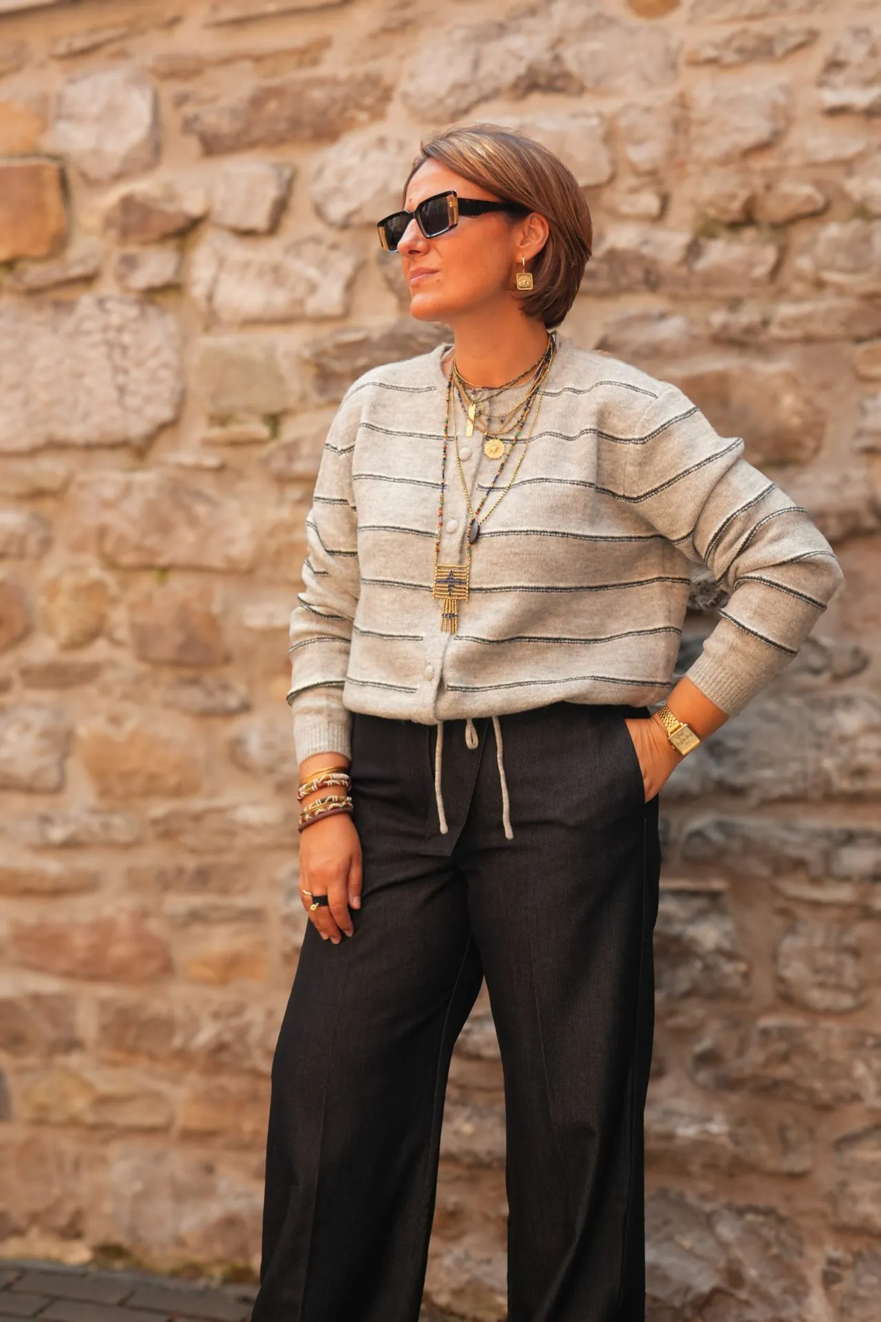 Cardigan rayé en maille avec lien à nouer - YAYA - Medium Grey Melange (vue 5)