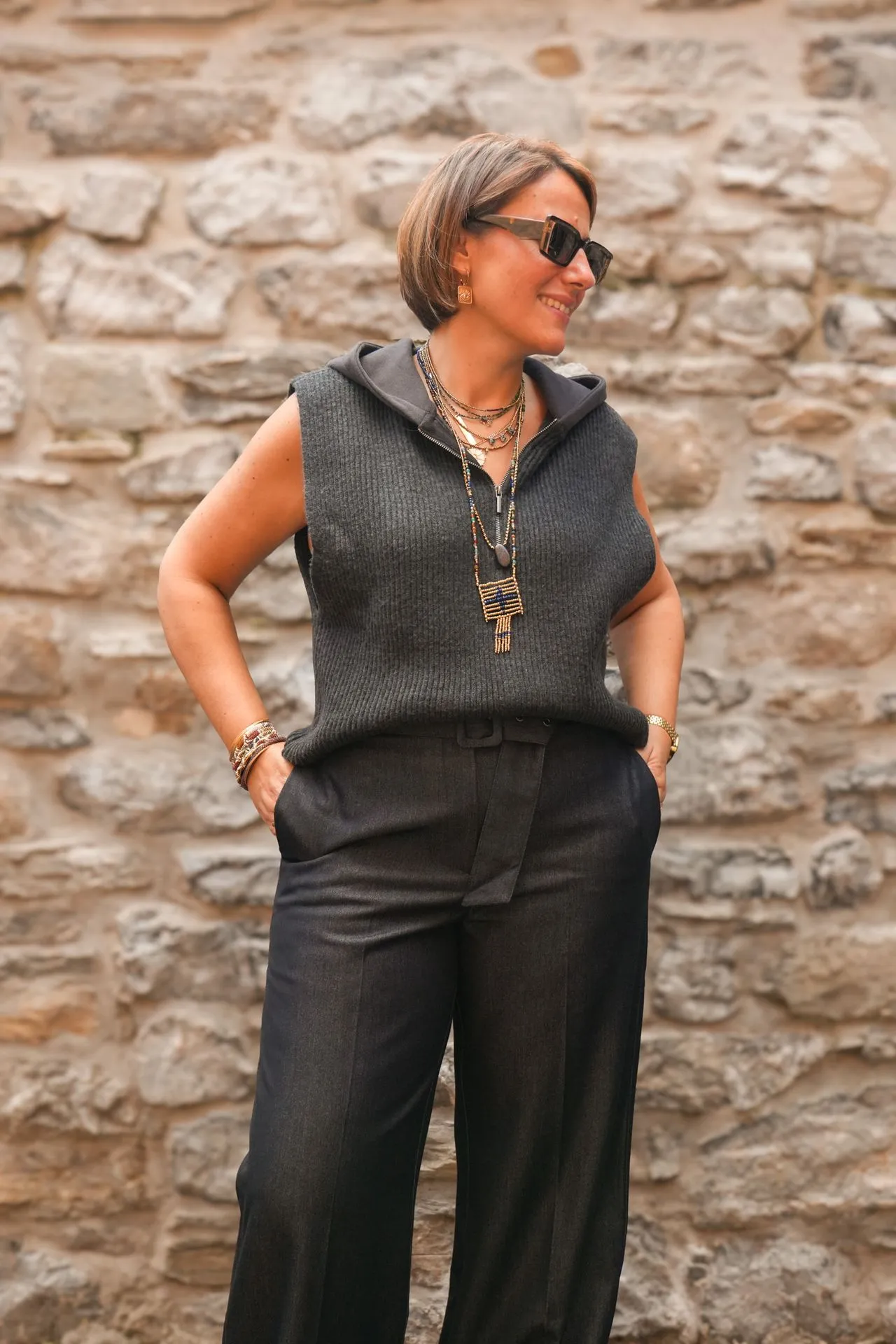 Haut en maille sans manches avec capuche en jersey - YAYA - Hole Black (vue 3)