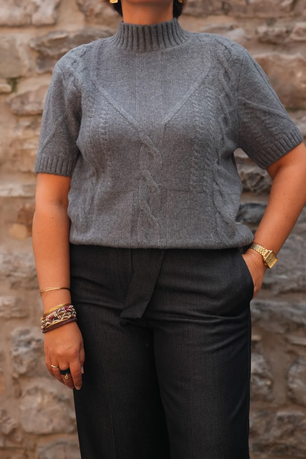 Pull en maille torsadée à manches courtes - YAYA - Arctic Seal Grey Melange — vue 6