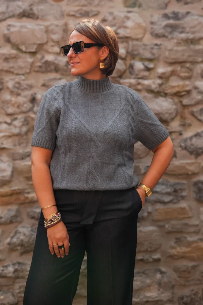 Pull en maille torsadée à manches courtes - YAYA - Arctic Seal Grey Melange