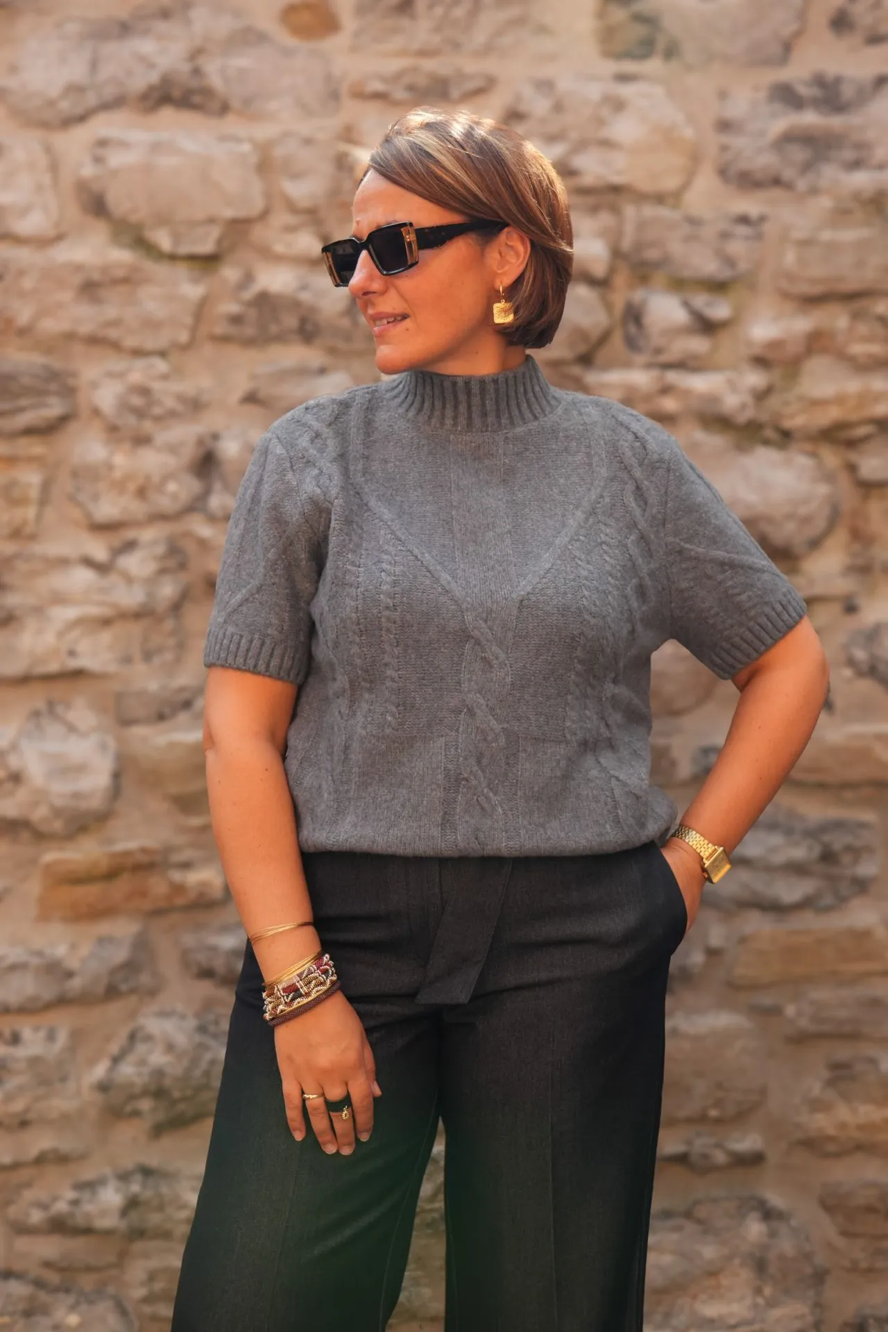 Pull en maille torsadée à manches courtes - YAYA - Arctic Seal Grey Melange — vue 3