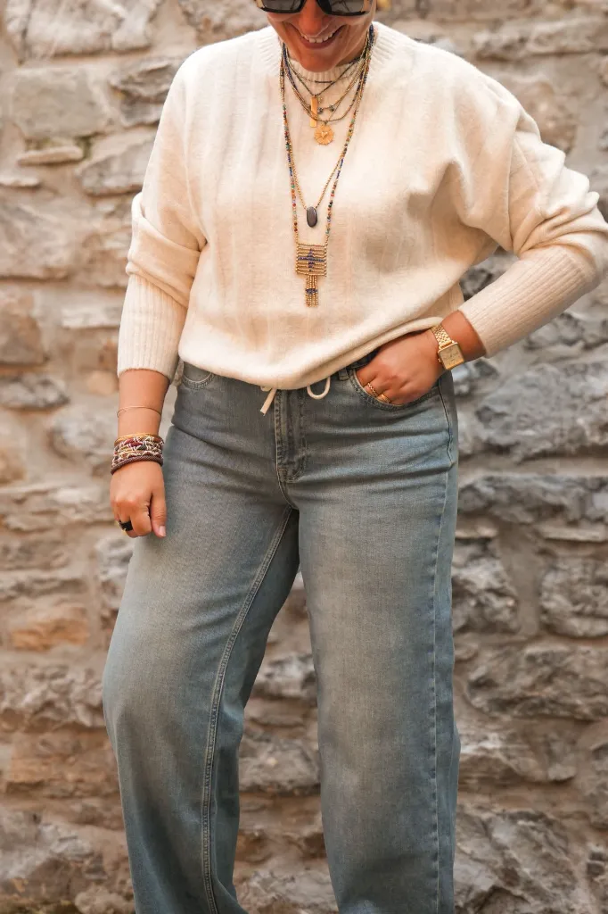 Pull avec manches chauve-souris et cordon de serrage - YAYA - Off White Melange (vue 3)