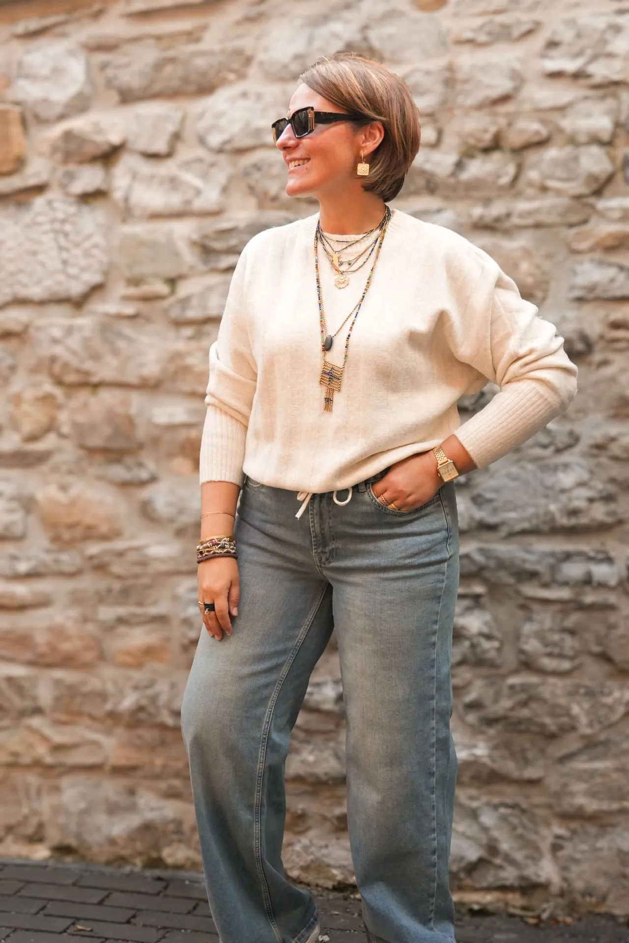 Pull avec manches chauve-souris et cordon de serrage - YAYA - Off White Melange (vue 5)
