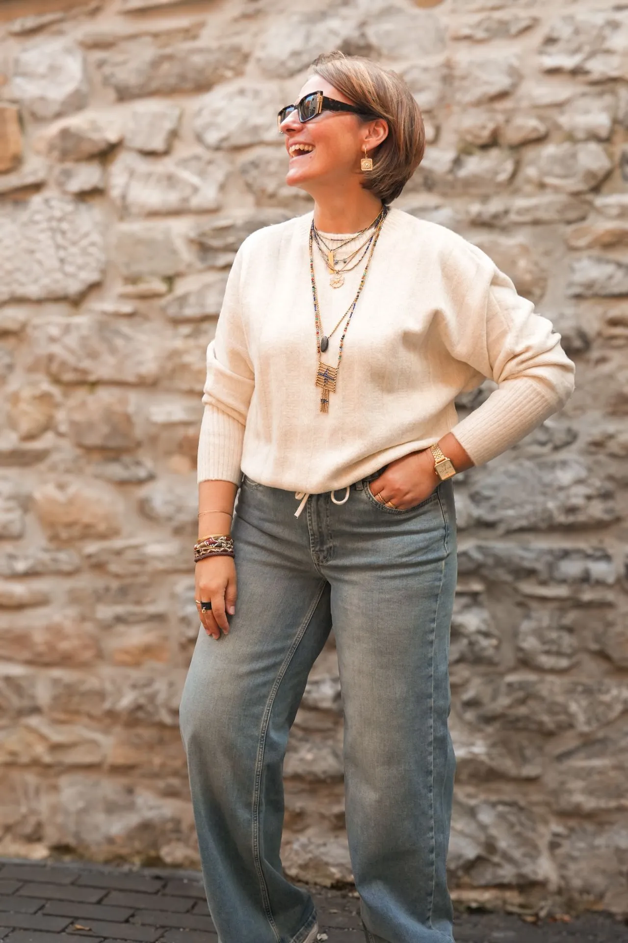 Pull avec manches chauve-souris et cordon de serrage - YAYA - Off White Melange (vue 4)