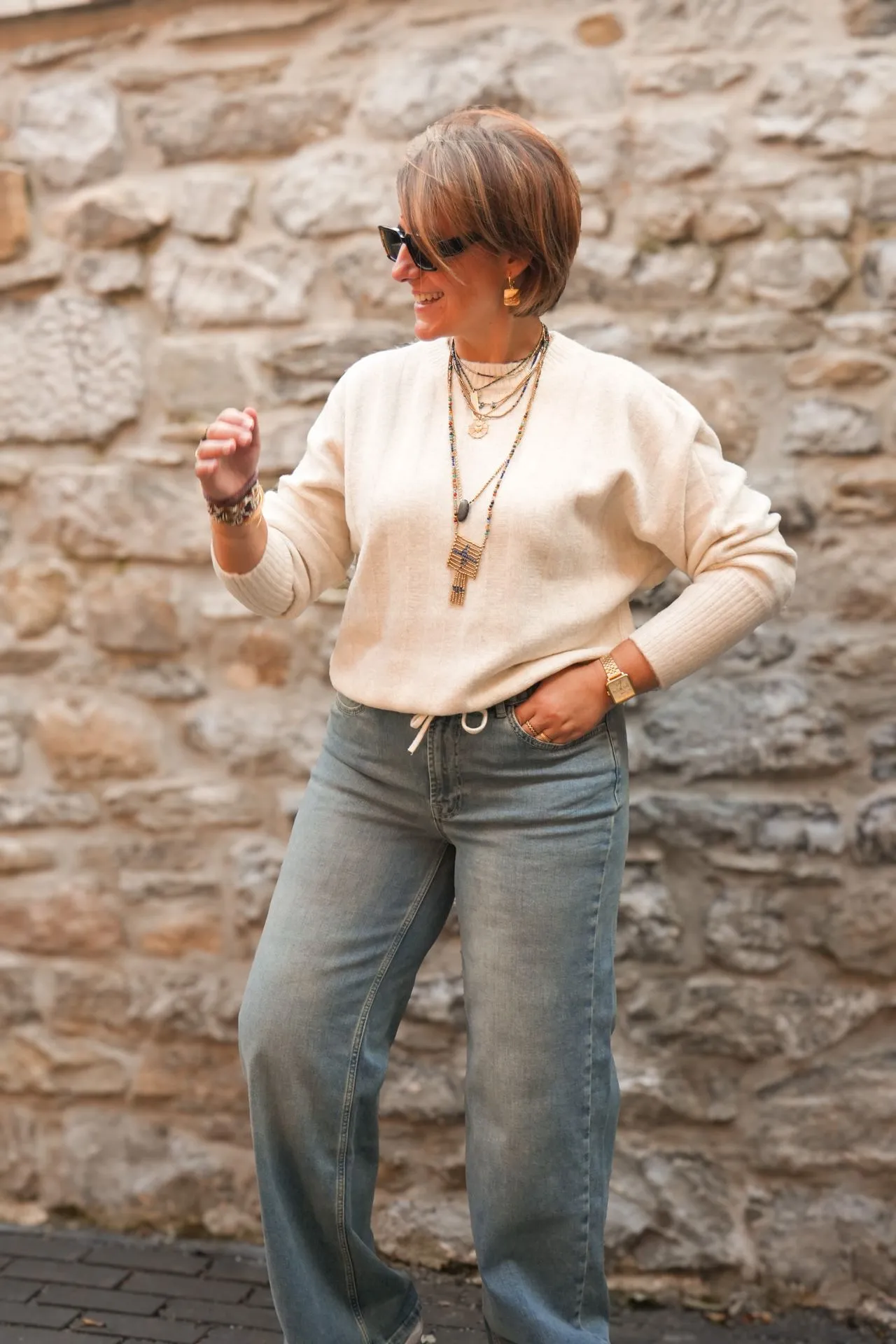 Pull avec manches chauve-souris et cordon de serrage - YAYA - Off White Melange (vue 6)