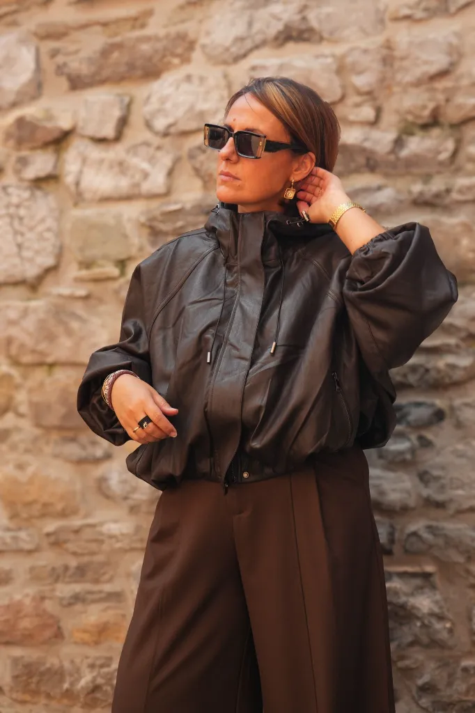 Blouson zippé en simili cuir - Marron (vue 4)