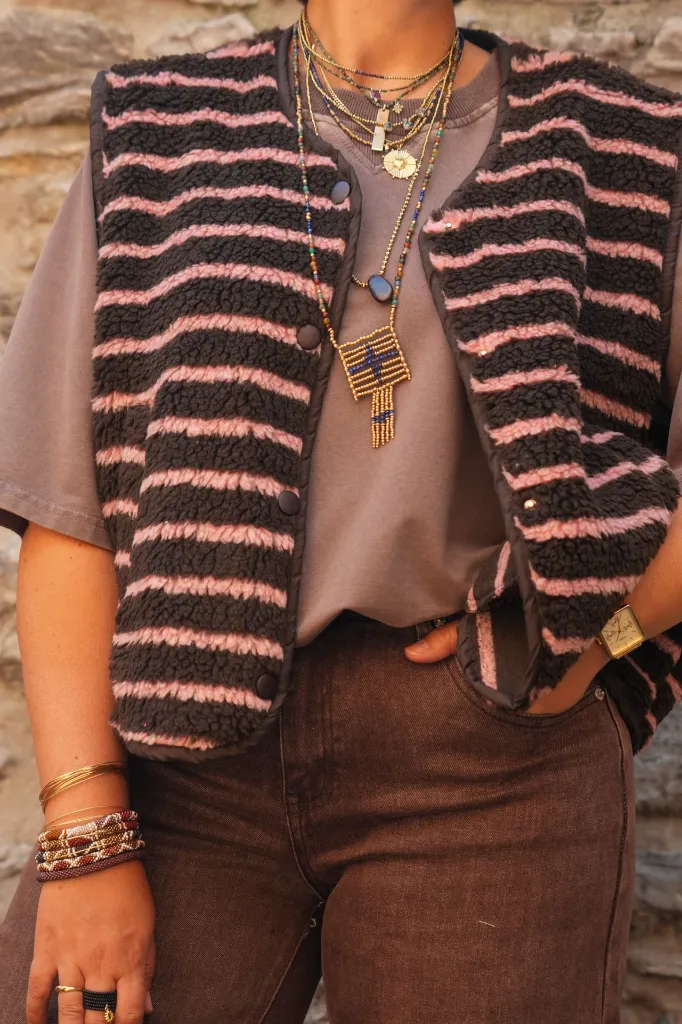 Gilet sherpa rayé - Brun et rose