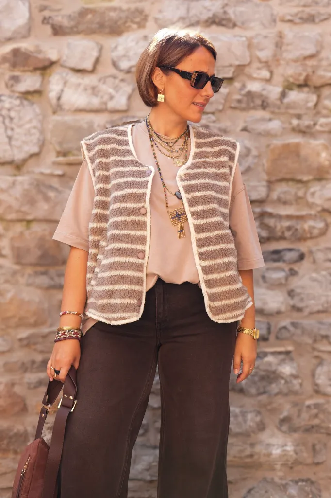 Gilet sherpa rayé - Beige et fango (vue 2)