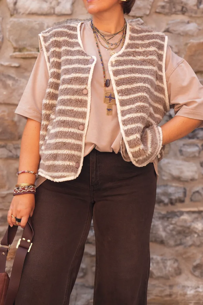 Gilet sherpa rayé - Beige et fango (vue 4)